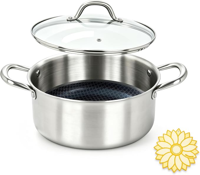 BRASA, Stainless Steel Stock Pot with Grass Lid 6.3QT+5.9in trivet,Nonstick cooking pot,for Pasta,Soup,Spaghetti,Sturdy,Induction & All Cooktop Compatible,Dishwasher safe PFOSFree (6.3QT+5.9in trivet)