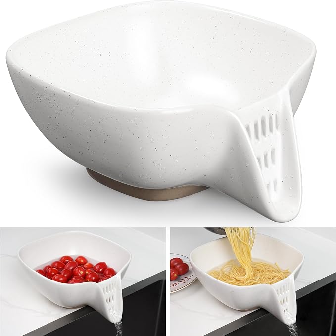 NiHome Ceramic Food Strainer with Integrated Drain Spout, Large Capacity Colander for Vegetables, Fruits, Pasta & More, Heat-Resistant, Crack-Proof, Easy to Clean, Dishwasher-Safe (Speckled White)