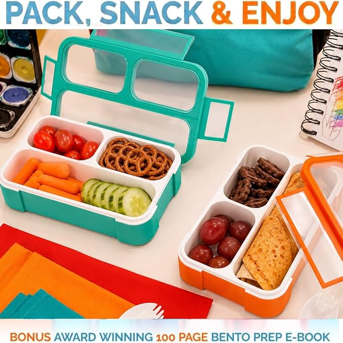 kinsho Snack Container Boxes for Kids Toddlers, 2 Pack Teal Blue & Orange | 3 Compartments, Leak-Proof, Spill Proof, BPA-Free Reusable Small Mini Bento Lunch Box for Daycare School Travel, Holds 2 Cups