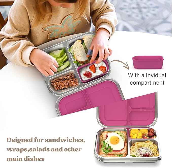 BABHAMNESS Stainless Steel Bento Box Kids, 3 Compartments Leak Proof Metal Bento Lunch Box, 304 Stainless Steel Bento Lunch Containers for School and Office,Dishwasher Safe, BPA-Free-Pink