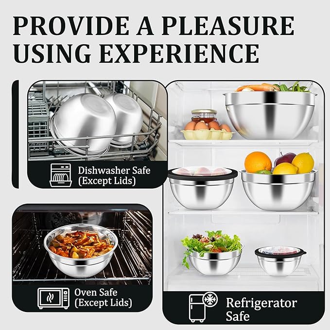P&P CHEF Metal Mixing Bowls with Lids Set, Visible Airtight Lids & Black | 5 PCS Stainless Steel Mixing Nesting Bowls for Kitchen Prepping, Storing, Healthy & Easy Clean, Size 4.6, 3, 1.5, 1, 0.7 QT