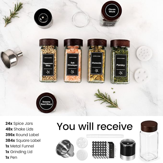 Glass Spice Jars with Grinder Lid 24 Pack 4 oz Acacia Wood | 780 Labels (Round+Square), Shaker Inserts, Funnel, Airtight Seal, Bonus Grinder Lid for Fresh Grinding