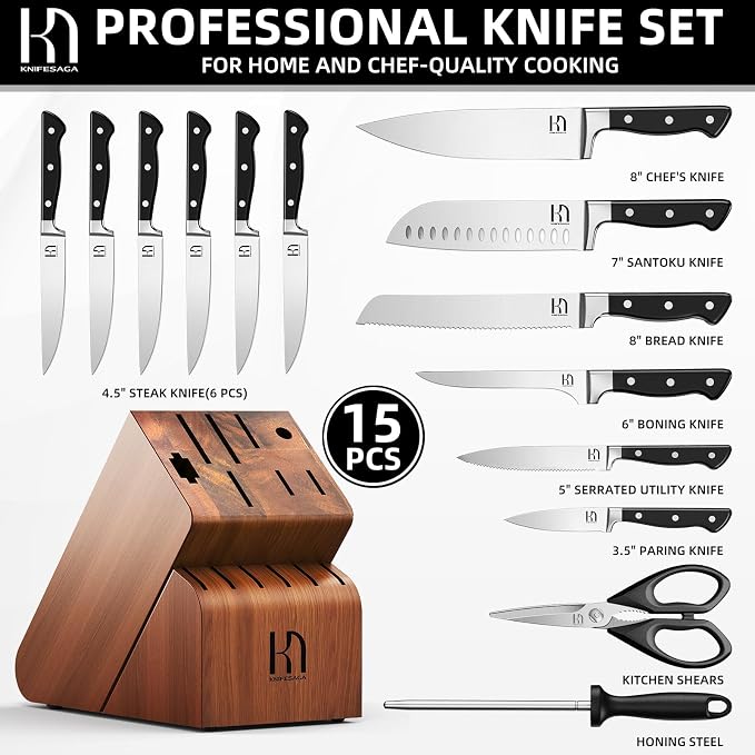 KnifeSaga 15-pc Japanese Kitchen Knife Block Set, Razor Sharp, Professional | Innovative Steel, High Carbon Stainless, Enduring Sharpness, Ergonomic Handle, Quality Acacia Wood Block, Full-tang, Gift Box