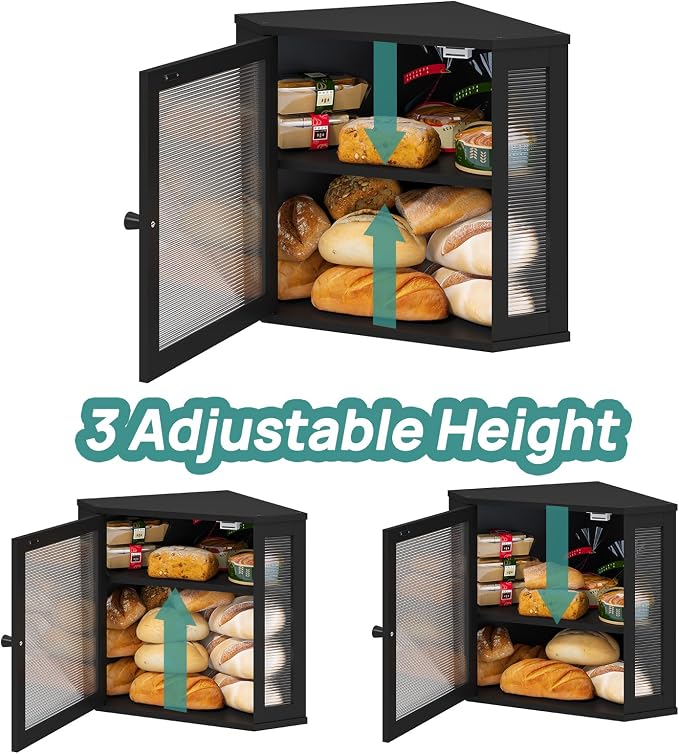 viewcare Corner Bread Box for Kitchen Counter, Bamboo Wood Black Bread Box, Large Capacity Bread Storage Bin with Acrylic Wavy Door Panel (Black, Meduim)