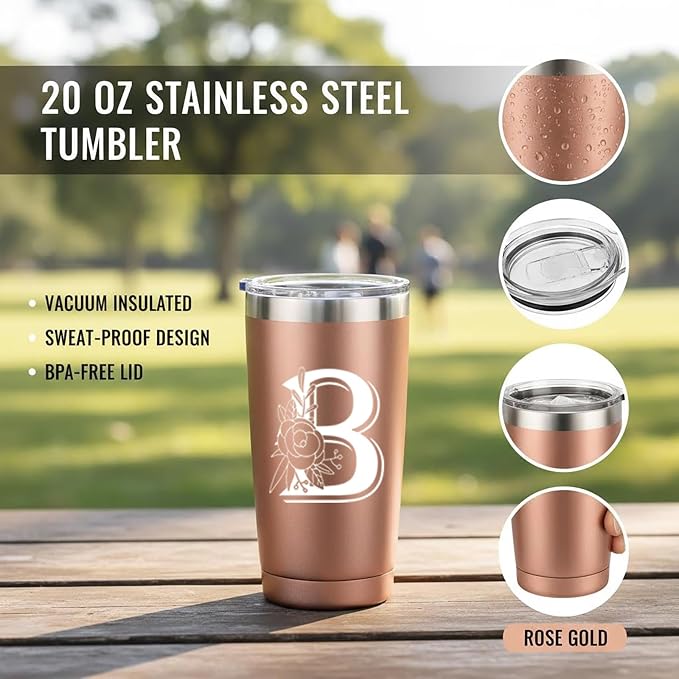 Letter B Insulated Travel Cup with Lid, Personalized Initial Mugs for Women, Letter B Gift Coffee Mugs for Women, Wife, Mom, Grandma, Bridal Shower Gifts, 20 OZ Rose Gold Two Lids