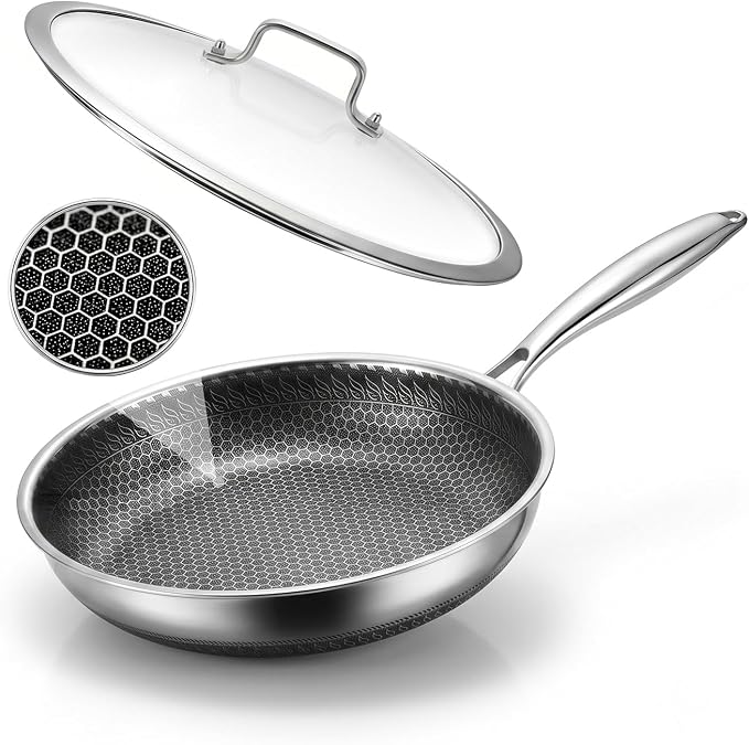 12 Inch Nonstick Stainless Steel Frying Pan with Lid Honeycomb | PFAS PFOA PTFE Free, Scratch-Proof & Metal Utensil Safe, All Cooktops Compatible, Oven & Dishwasher Safe Fajita Cooking Pan
