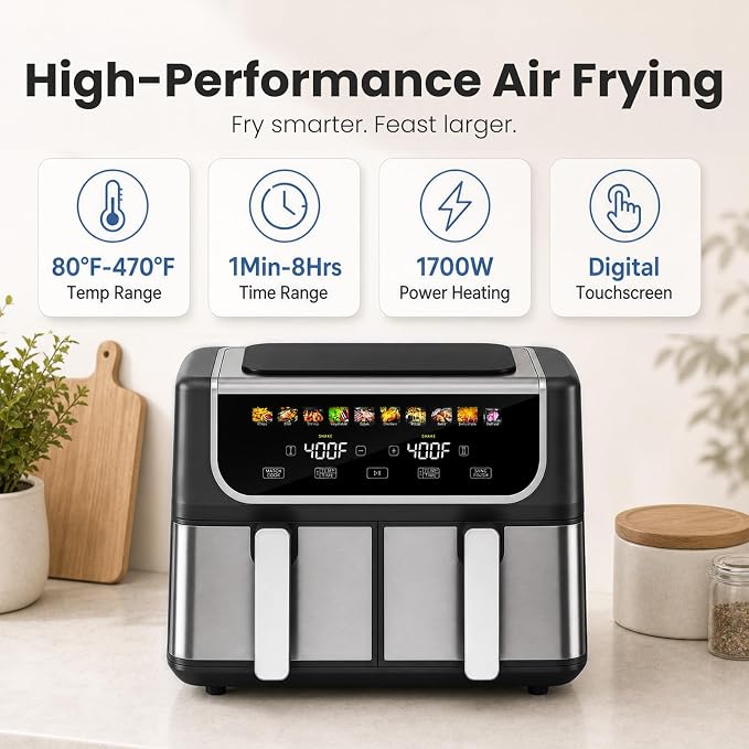 OLIXIS Dual Air Fryers with 2 Baskets 9.5 Quarts Large Airfryer 10-in-1 | Independent Temp Control 80-450°F, Ceramic Crisper Plate, Sync Setting, Shake Reminder, Bake Broil Defrost Dehydrate, Black