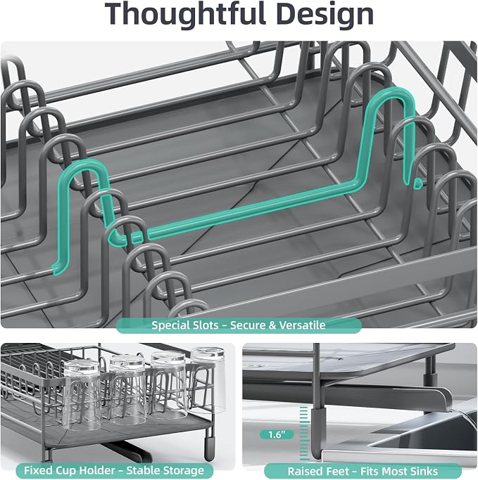 Urackify Extendable Dish Drying Rack, 18.5"-26.7" L x 12.7" W, Gray | Multifunctional large dish rack with cup holder and built-in cutlery holder for versatile drying needs