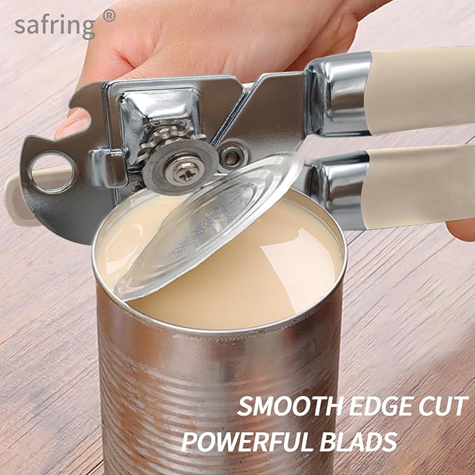 Safring Can Opener Manual, Handheld Strong Heavy Duty Stainless Steel Can Opener, Comfortable Handle, Sharp Blade Smooth Edge, Can Openers with Multifunctional Bottle Opener, Beige