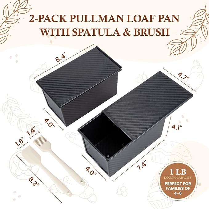 CARTMAN 2-Pack 1 LB Pullman Loaf Pan with Lid, Carbon Steel Set, Black | Includes spatula & brush, 1 lb dough capacity, nonstick carbon steel, bottom vents, ideal for square bread & toast slices