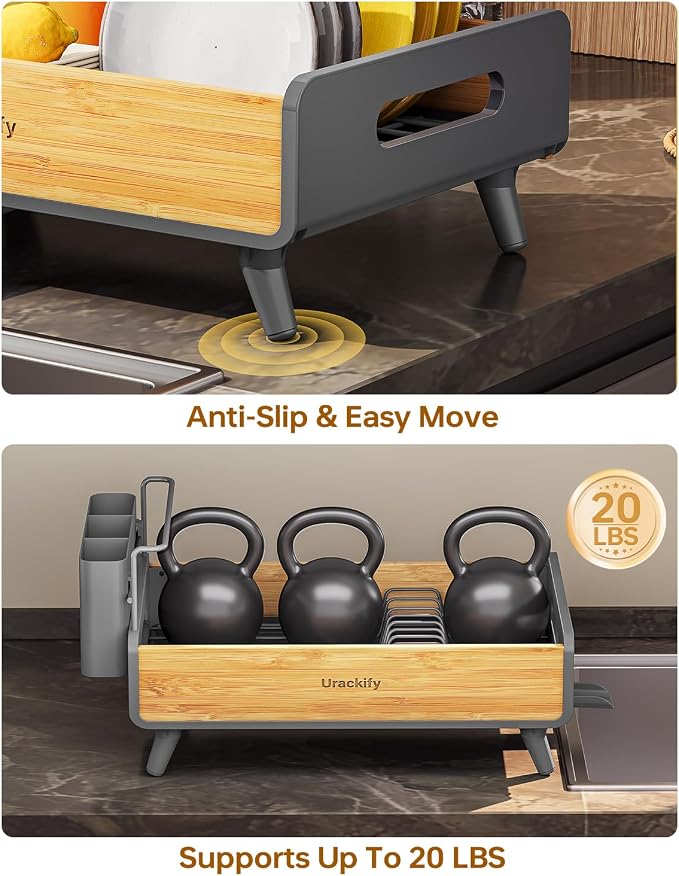 Urackify Modern Dish Rack for Kitchen Counter,Stainless Steel & Bamboo,Grey | Elegant Bamboo Accent, Large Capacity, Self-Draining Spout, Rust-Resistant, Removable Utensil Holder