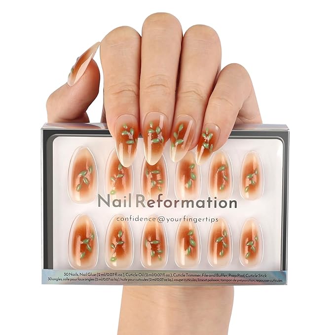 Nail Reformation Press On Nails, Rose Gold Foil Medium Almond Fake Nails | Brown Blush Shimmer with Glossy Finish, Reusable Stick On False Nails in 15 Sizes - 30 Nail Kit with Glue, Gifts for Women