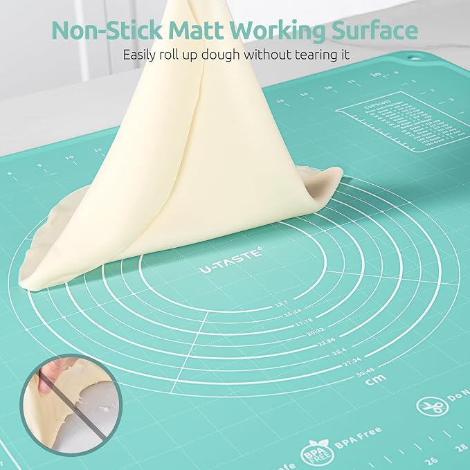 U-Taste Silicone Pastry Mat, Dough Rolling Baking Sheet, 28"x20", Aqua Sky | Food-Grade Liquid Silicone, Non-Stick Non-Slip, Baking Supplies for Pizza Cookie Pie Crust, Clear Measurement & Raised Edges