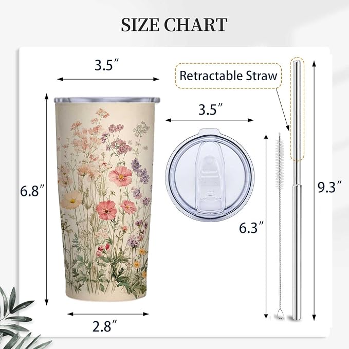 Boho Floral Tumbler 20 oz Stainless Steel Insulated Travel Mug with Lid and Straw, Flower Coffee Tumbler Cup for Hot Cold Drinks, Vintage Floral Gifts for Women Mom Friend