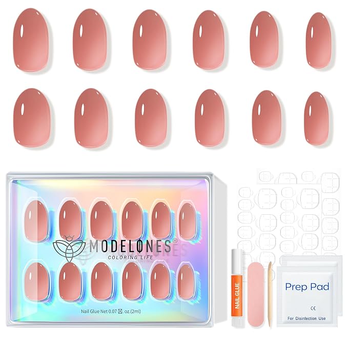 modelones Sheer Milk Tea Short Press on Nails, Oval Fake Nails Kit | Semi-Transparent Press Ons with Nail Glue, Adhesive Tabs, Nail File, Prep Pad, Manicure Stick, 32Pcs 16 Sizes, Women Gift