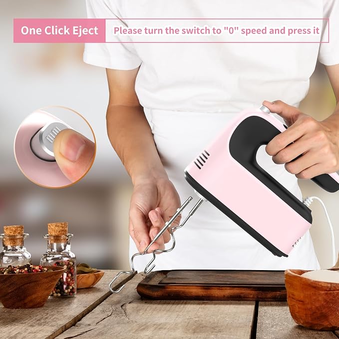 Yomelo 9-Speed Digital Hand Mixer Electric, 400W Powerful DC Motor, Hand Mixer Electric Handheld with Snap-On Storage Case, 5 Stainless Steel Accessories, Beaters, Dough Hooks, Whisk(Pink/Black)