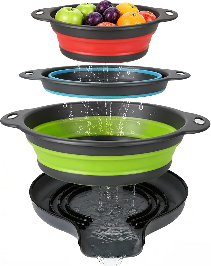 3-Pack Collapsible Colander for Kitchen with Self-Draining Base Foldable Strainers Set Round Silicone Food Drainer for Pasta Fruits and Vegetables (3QT, 4QT and 5QT)