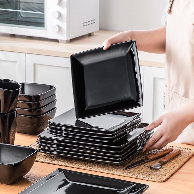 vancasso Soho Dinnerware Sets 24 Pieces, Black Stoneware Square Place Setting, Dinner Plate, Cups and Plates Sets for Kitchen, Dish Set for 6