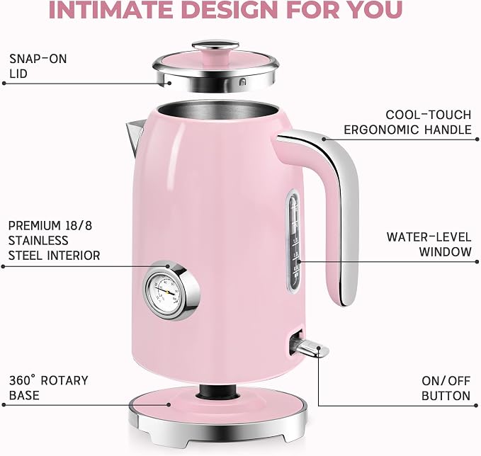 SUSTEAS 57oz Electric Kettle with Thermometer, Hot Water Pot, Pink | Electric Tea Kettle for Boiling Water, 1500W Stainless Steel Pot, Cordless LED Indicator, Auto Shut-Off & Boil Dry Protection
