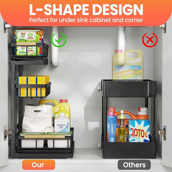 Under Sink Organizer and Storage for Bathroom and Kitchen - 2 Pack 3 Tier | Under Cabinet Pull Out Shelf Organizers - Slide Out Drawer Organization for Home Cabinets Shelves and Drawers