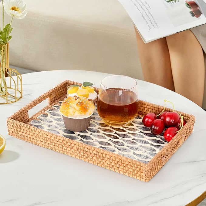 Rectangle Rattan Tray with Mother of Pearl Inlay, Rattan Serving Tray with Handle for Coffee, Bread, Fruits, Snacks, Decorative Wicker Tray for Table Decor (Rectangle Black Fish, 13"×9")