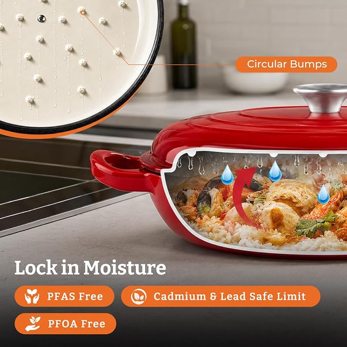 Cast Iron Dutch Oven–3 Layers Enameled Shallow Braiser & Casserole Pot with Lid, Even-Heating, Stovetop & Oven Safe to 500°F, 3.8 Quart for Family & Parties Meals(Red)