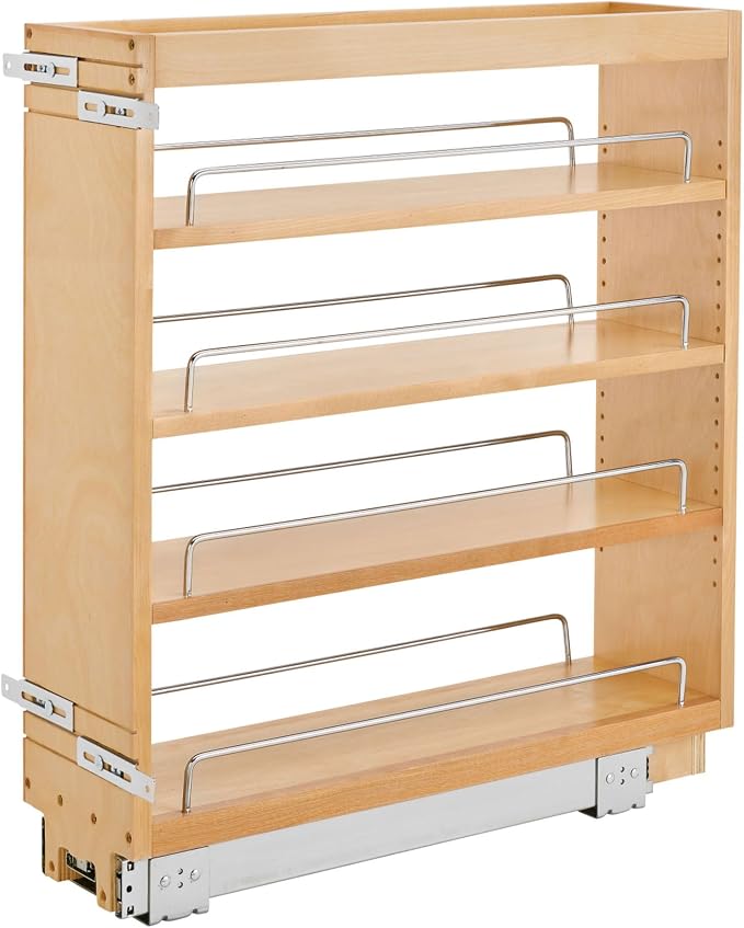 Rev-A-Shelf Pullout Kitchen Cabinet Organizer, Min Cabinet Opening 7" W | 7" W Full Extension Slide-Out Organizer with Adjustable Shelves for Full Height Base Cabinets, 448-BC-6C