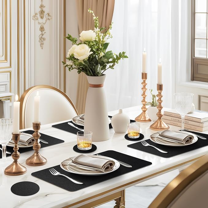 Faux Leather Placemats Set of 6 Waterproof Table Mats with Coaster | 17×12 In Heat Resistant Place Mats Set of 6 Wipebale & Washable Table Placemats for Kitchen Dining Indoor & Outdoor Black
