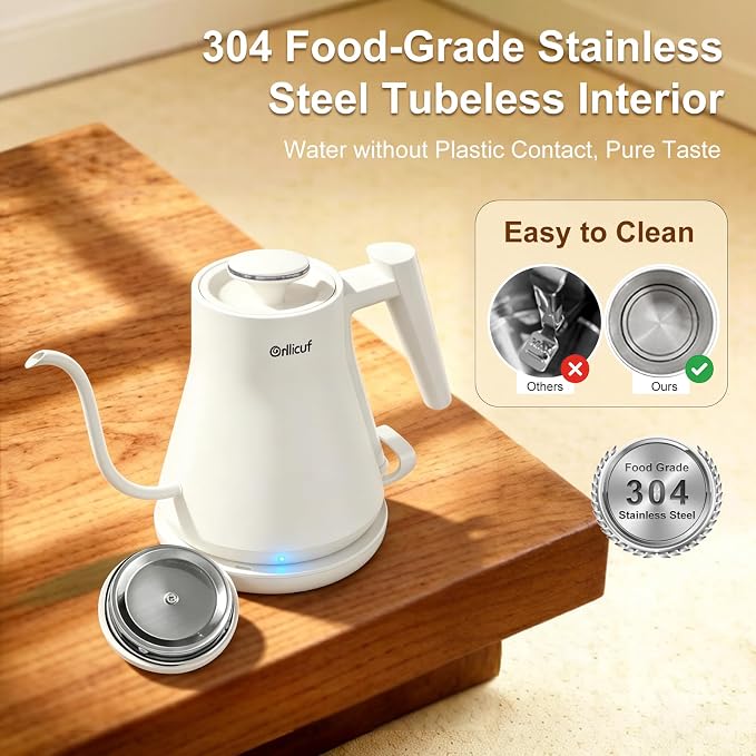 Gooseneck Electric Kettle 0.8L (27oz) - 1000W Rapid Fast Boiling Tea Kettle with Auto Shut Off, Stainless Steel Leak-Proof Elegant White Water Boiler