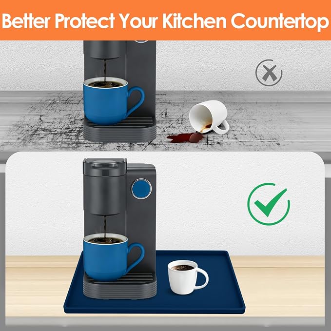 Silicone Coffee Maker Mat with Lip for Countertops, 15.7''x11.8'' Navy Blue | Multi leak-proof coffee tray for countertop, non-slip silicone mat fits most coffee makers & espresso machines, wipe-clean