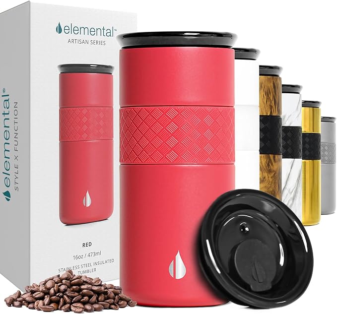 Elemental Artisan 16oz Triple-Wall Insulated Coffee Tumbler w/Ceramic Lid | Triple Wall Coffee Travel Mug, Reusable Stainless Steel Coffee Tumbler; Thermal Coffee Cups for Hot (6 Hrs) & Cold (18 Hrs)