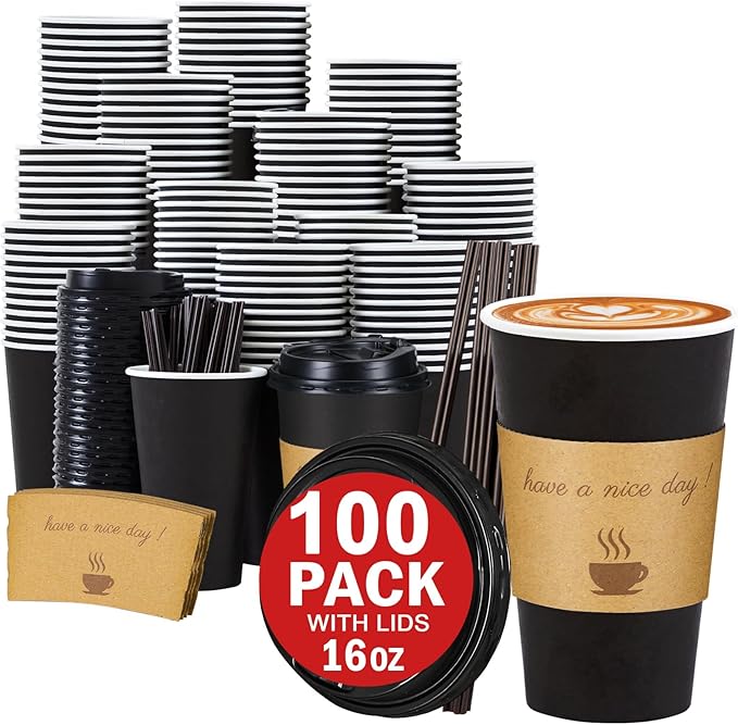 Lamosi 100 Pack 16 oz Coffee Cups, Disposable To Go Paper Cups with Lid | Hot Insulated Cups with Lids, Stir Sticks and Sleeves for Cold Drinks, Tea and Latte, Cafe, Travel and Home Use