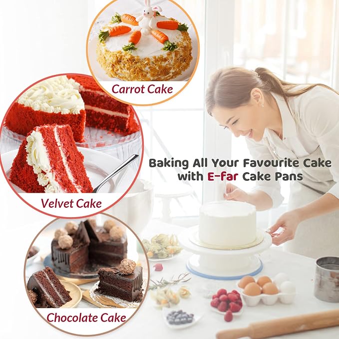 E-far 9½ Inch Cake Pan Set of 2, Stainless Steel Round Layer Cake Baking Pans with Parchment Rounds & Side Liner Roll, Non-Toxic & Healthy Metal Cakes Tin, Straight Side & Dishwasher Safe