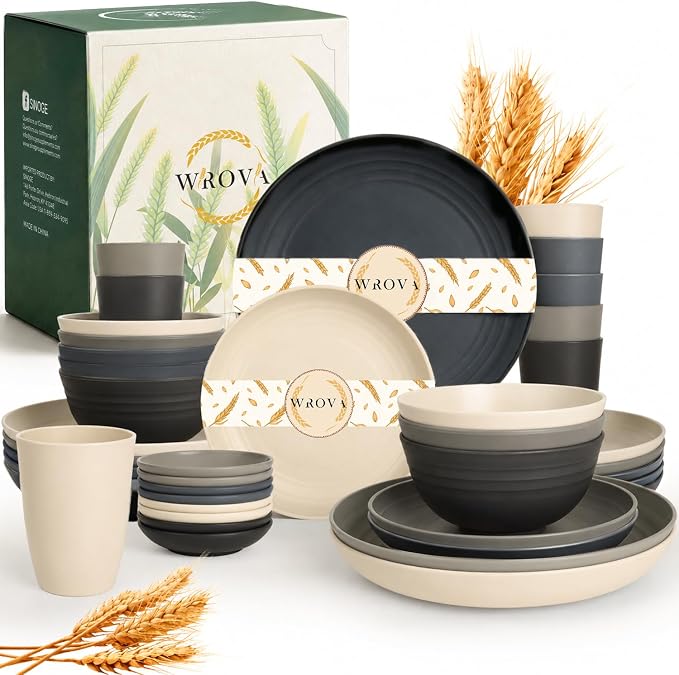 Kitchen Plates and Bowls Sets 40PCS,Wheat Straw Dinnerware Sets for 8 | Unbreakable Plates Bowls and Cups Set, Side Dishes, Microwave & Dishwasher Safe Dishware Sets, RV dishes Set, Black & Gray