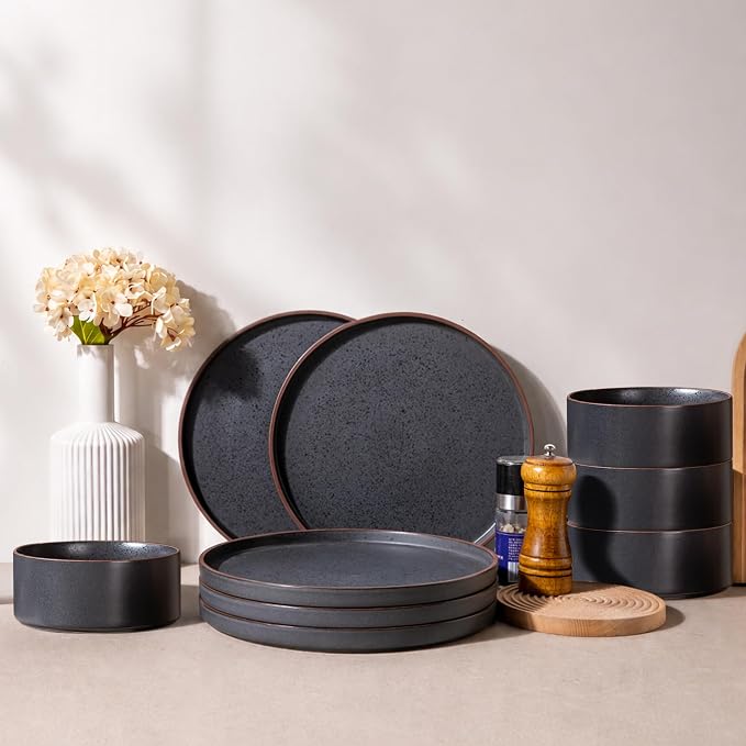 LERATIO Stoneware Dinnerware Sets for 4,12-Piece Matte Plates and Bowls Set | Handmade High Edge Rim Dish Set,Oven & Microwave,Dishwasher Safe,Scratch Resistant-Ashen