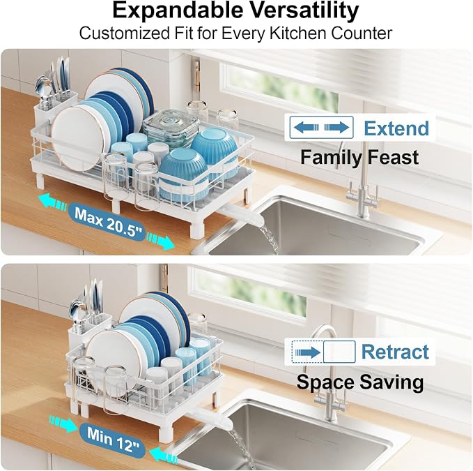 Expandable Dish Drying Rack - Compact with Drainboard, White | 12-20.5 in Adjustable Length, 360° Rotating Drain Spout, Cup & Utensil Holder, Rust-Resistant, Ideal for Small Kitchens & RVs