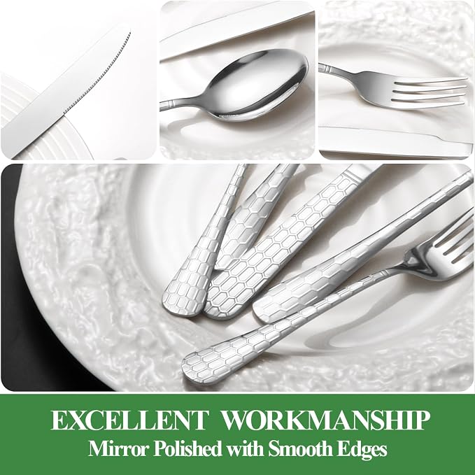 20 Pcs Silverware Set for 4, Food Grade Stainless Steel Flatware Set, Eating Utensils Sets Include Fork/Knife/Spoon, Reusable Cutlery Set for Home Kitchen, Dishwasher Safe, Round Hammered