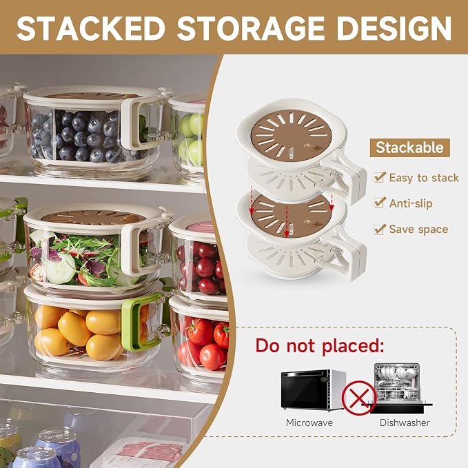 Fruit Vegetable Washing Bowl with Strainer, Multifunctional Produce Washer, Berry Container, Lettuce Keeper for Fridge Refrigerator Organization, Portable Strainers and Colander for Kitchen (Brown)