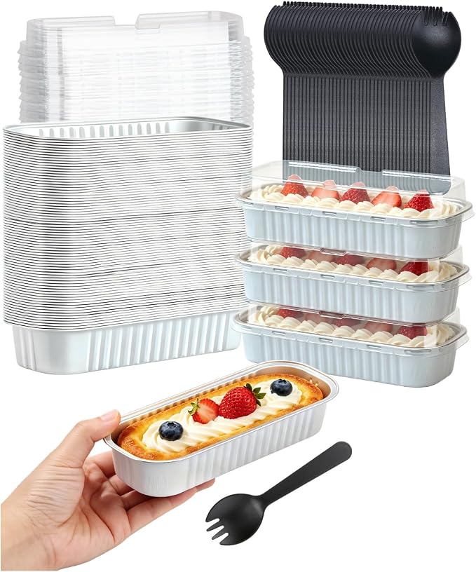 LNYZQUS Mini Loaf Cake Pans with Lids 100 Pack, Small Foil Baking Tins | 6.8oz Rectangle, White, Disposable Aluminum Cake Cups, Individual Dessert Containers for Wedding, Bake Sales
