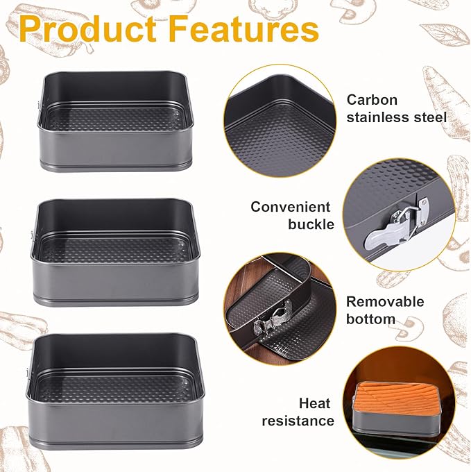 Rectangle Springform Pan Set with Removable Bottom Nonstick Cheesecake | Stainless Steel Bakeware DIY Baking Square Mold Funny Cake Tins for Cheesecakes, Brthdays, Weddings, and Valentine's Day