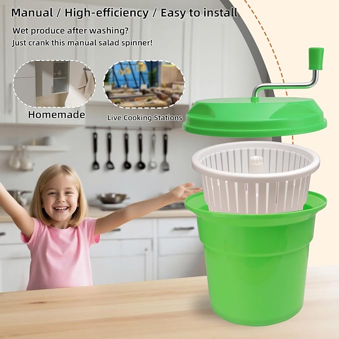 2.5 Gallon Salad Spinner,Large Capacity Vegetable Friuts Salad Dryer,Commercial Manual Salad Mixer for Restaurants Kitchen & Catering,Green & Orange. (Green, 2.5 Gallon)
