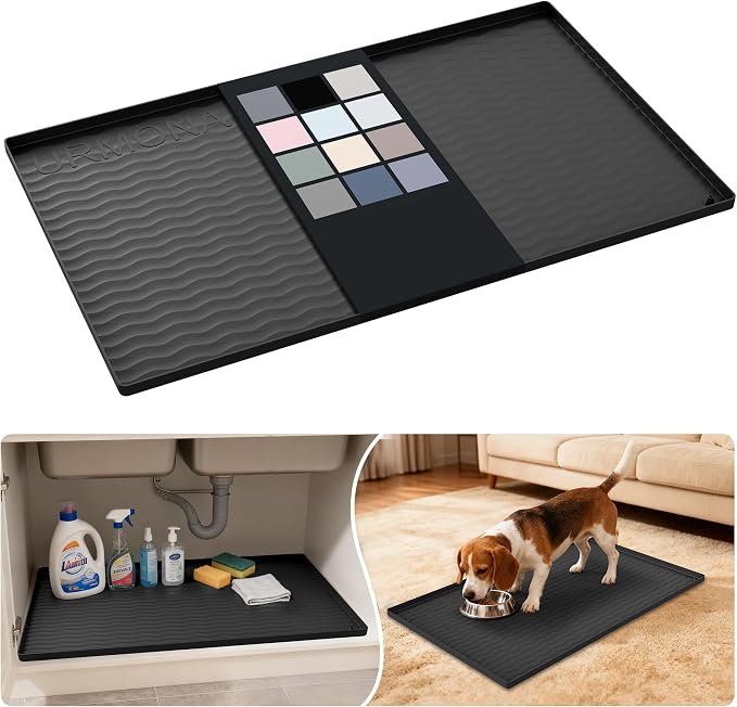 URMONA Waterproof Silicone Under Sink Mat 31'' x 19'' Shelf Liner for Kitchen and Bathroom, Cabinet and Counter Protector, Storage and Organizers, Litter Mat, Pet Cat Puppy Essentials(Black)