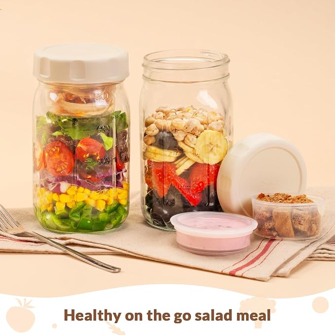 SOLIGT 4 Pack Glass Salad Jars with Lids Meal Prep, Leakproof Container for Lunch, Two Small Built-in Boxes with Wet/Dry Separation for Salad Dressing and Dry Ingredients, 32oz Mason Jars | 4 Apricot White Lids, Leakproof, Two Small Built-in Cups for S...