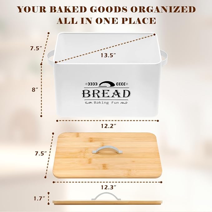 Jolitac Farmhouse Style Bread Box for Kitchen Countertop - Space-Saving Bread Storage Container with Wood Lid | Rustic Vintage Organizer for Small Kitchens & Countertop Gift (12.2”L x7.5”W x8”H)