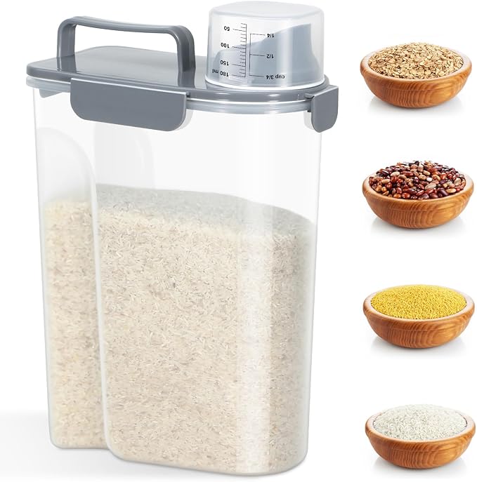 Airtight 10 Lbs Rice Storage Container Pet Dog Cat Food Holder 5 Lbs - Grey | Portable Bird Seed Dispenser Cat Food Containers with Large Pour Spout for Travel Cereal Oatmeal Holder with Measuring Cup