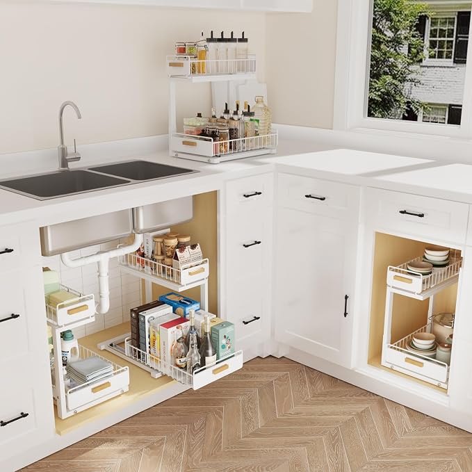 2 Pack Under Sink Organizer with Ball Bearing Sliding Drawer, Heavy Duty Pull Out Cabinet Organizer, 2 Tier Adjustable Storage Rack for Kitchen Bathroom, Space Saving Design, White