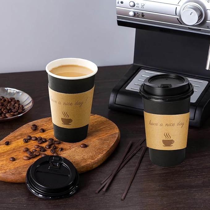 Lamosi 12 oz Coffee Cups 50 Pack, Disposable To Go Paper Cups with Lid | Hot Insulated Cups with Lids, Stir Sticks and Sleeves for Cold Drinks, Tea and Latte, Cafe, Travel and Home Use