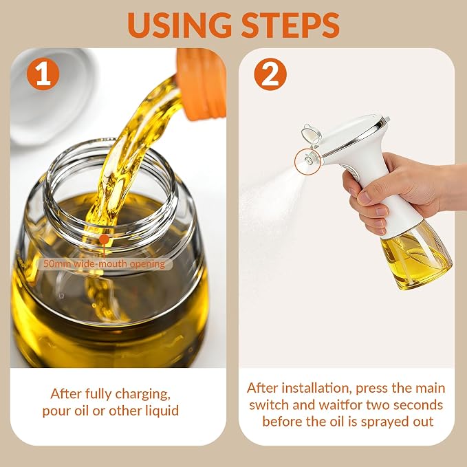 Electric Oil Sprayer for Cooking, USB Rechargeable Olive Oil Sprayer with One-Touch Mist, Leak-Proof, Dustproof Design, Perfect for Healthy Cooking, Olive Oil Dispenser for Precise Control