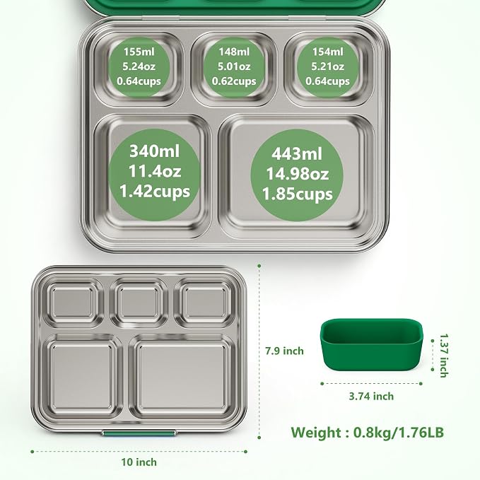 Pawtong Stainless Steel Lunch Box, 5-Compartment Bento Lunch Box for Kids & Adults,Metal Lunch Box with Removable Silicone Container, Lunch Box Containers for School,Office(Green)