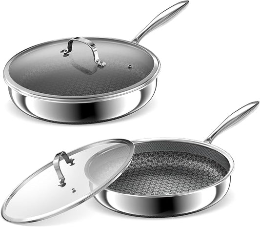 Hybrid Non Stick Frying Pans 2 Piece set, Stainless Steel Frying Pans with Tempered Glass Lid, 8" 10" 5 Ply Induction Cookware, Dishwasher-Friendly, Oven-Safe Up to 800°F, Compatible with All Cooktops